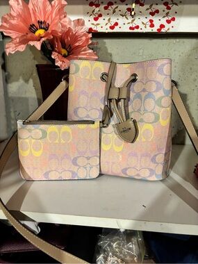 Coach Multicolor Pastel Signature Bucket Crossbody with Wristlet